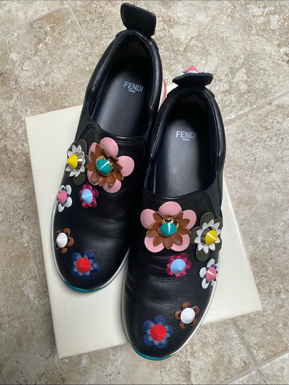 Fendi Black Leather Slip-On Sneakers with Multicolor Floral Appliqués - Picture 6 of 10